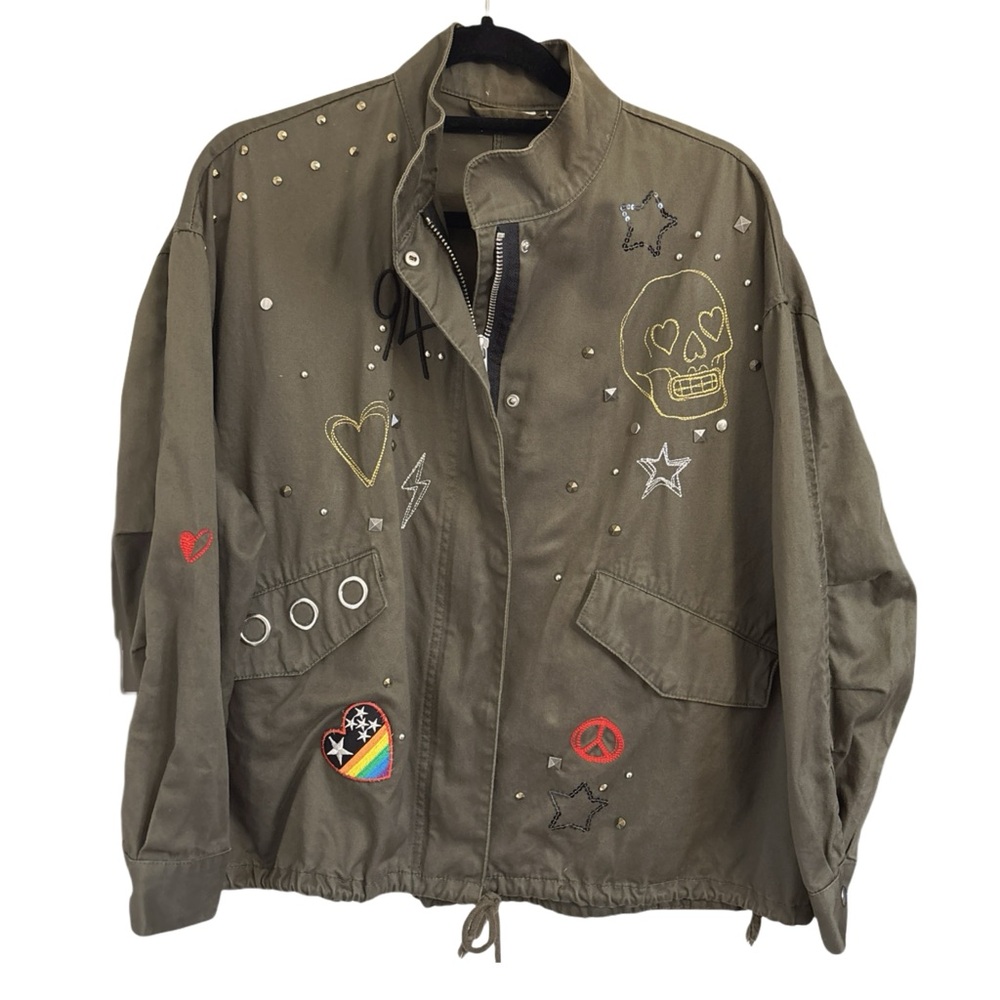 H&M Utility Jacket Embroidered Skull Rainbow Hearts Green Grunge Y2K Indie Kid